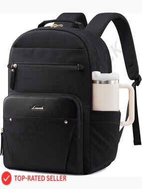 Laptop Backpack with Leather Trim & Tumbler Pockets, 15.6" Work Backpack Purse,